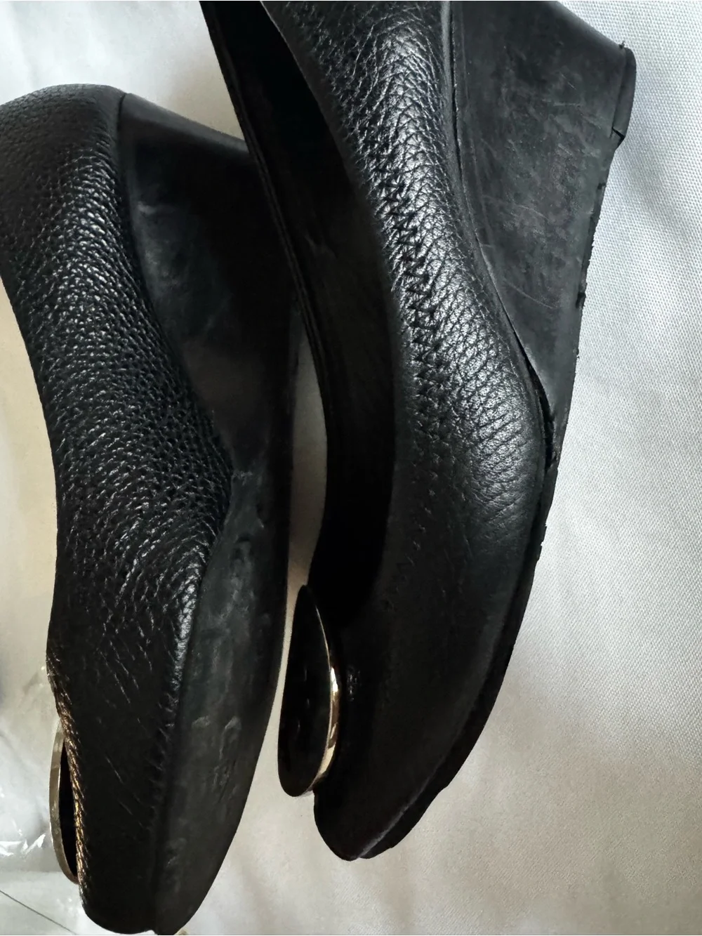 Tory Burch Black Leather Peep-Toe Flats with Silver Logo Medallions